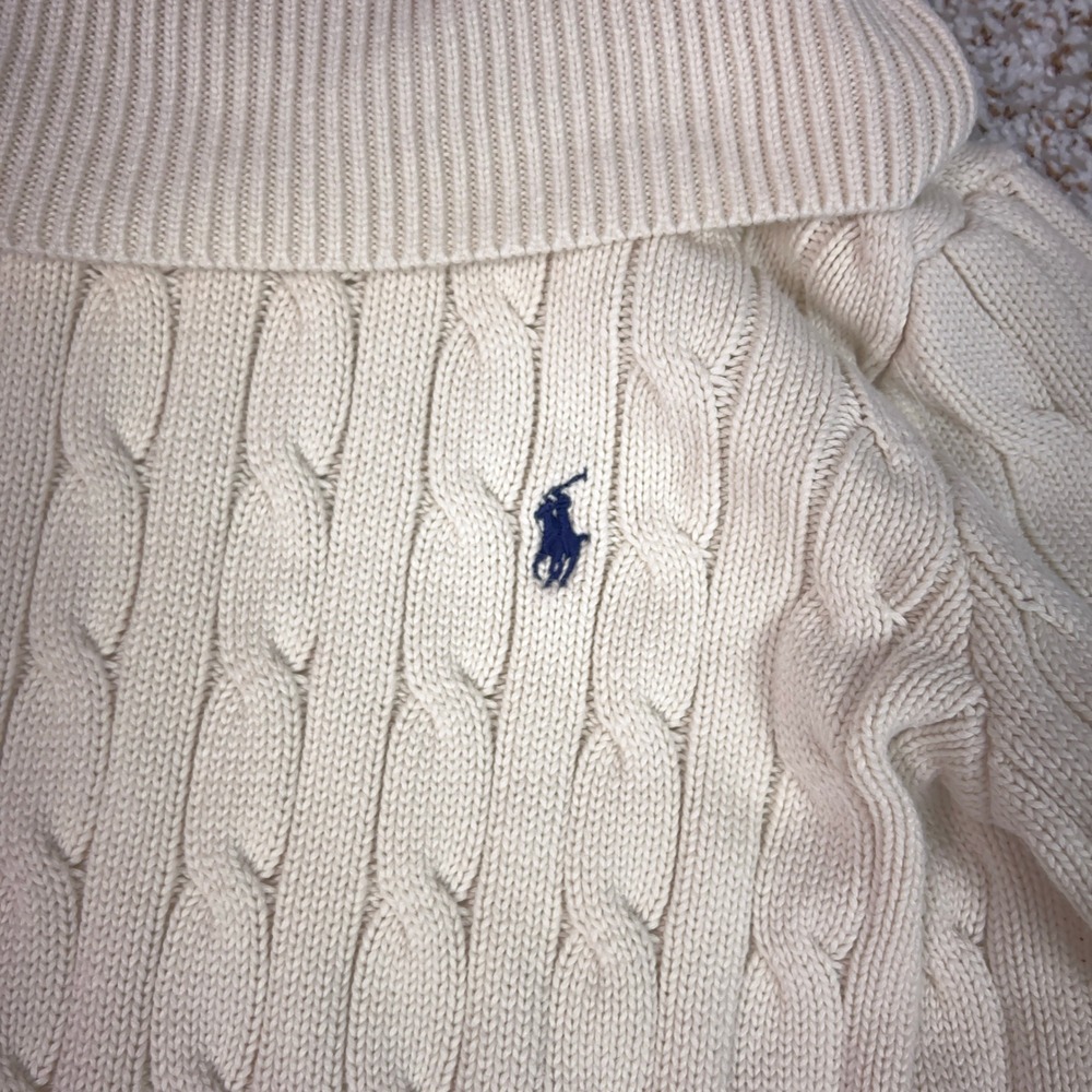 Ralph Lauren Sport Turtleneck Sweater Women S Cream Cable Knit Cotton Pony Logo - Picture 2 of 8